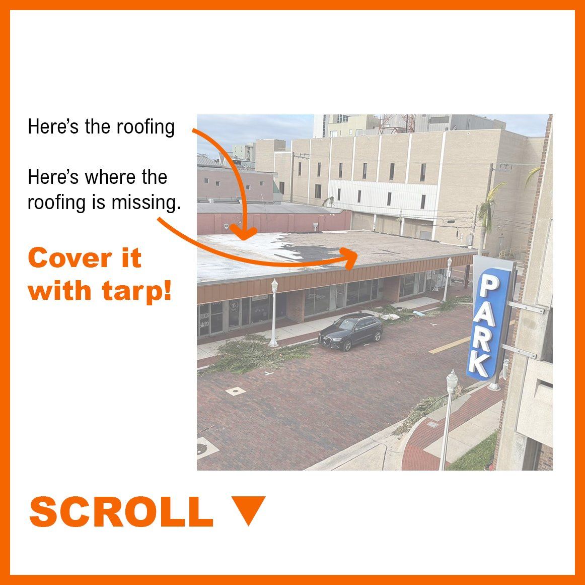 Example of a building with part of its roof missing. That part needs to be covered with tarp.