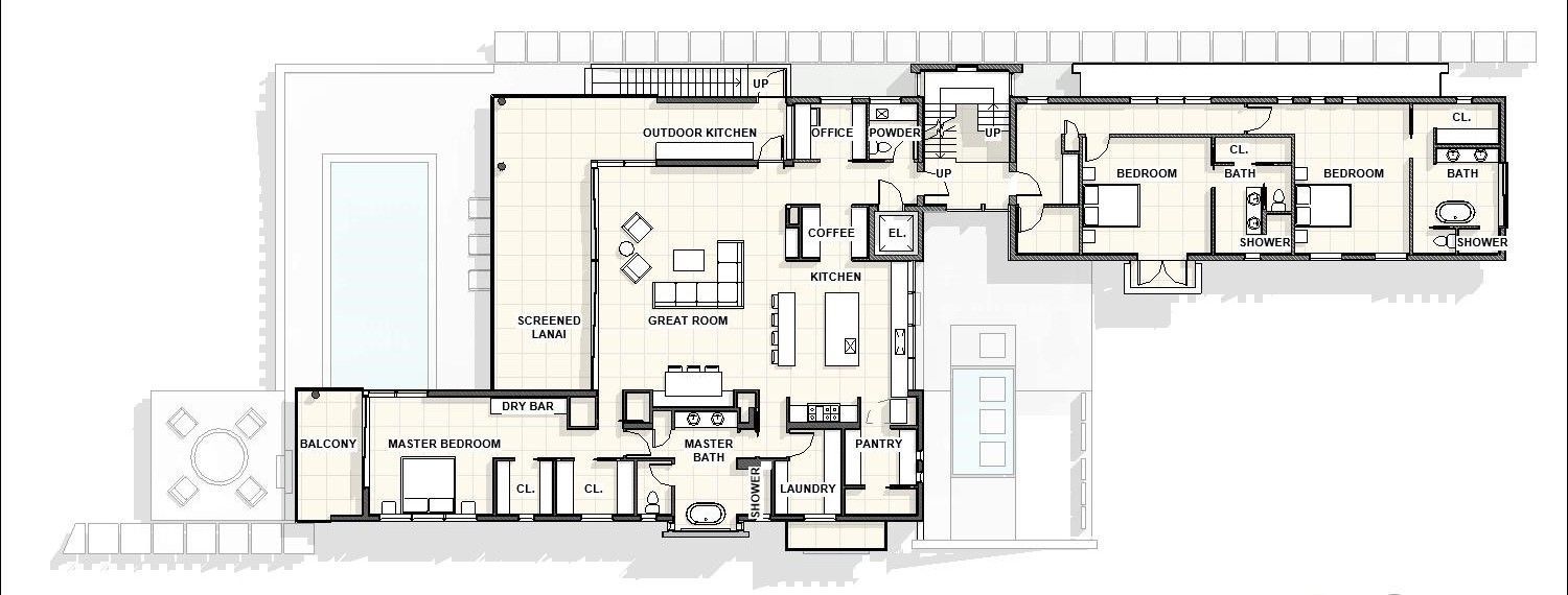 an architect's floor plan of second floor of a modern house with a swimming pool