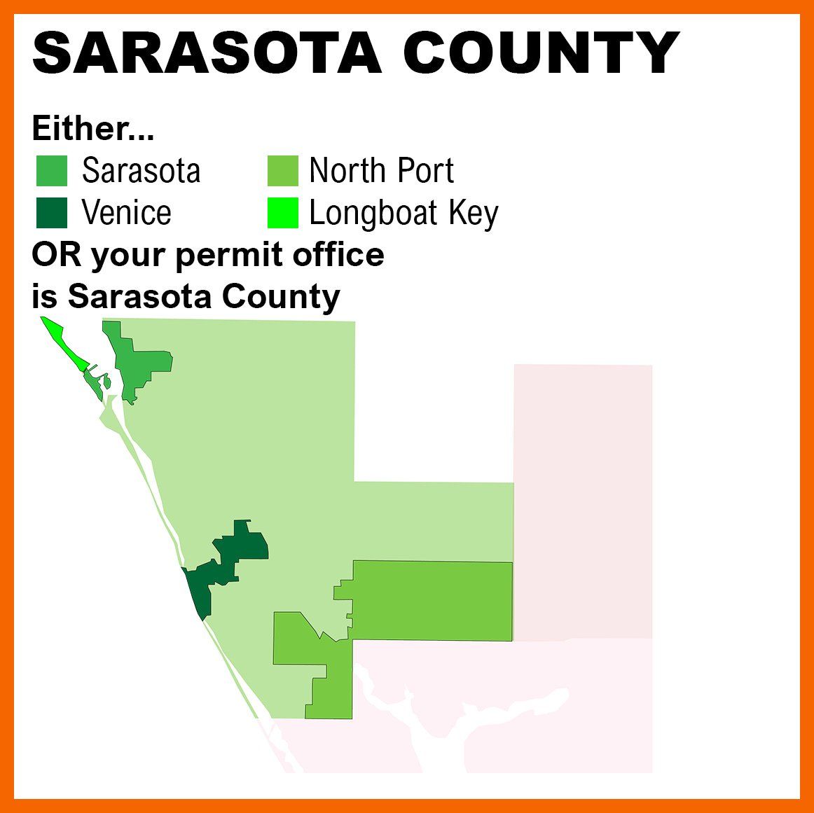 Color coded map of Sarasota County where permit office will be in Sarasota, Venice, North Port, Longboat Key, or Sarasota County.