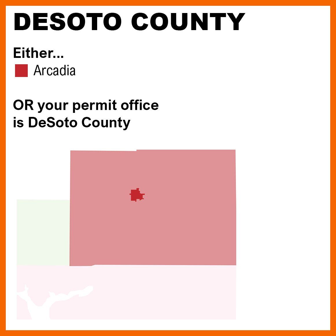 Color coded map of Desoto County where permit office will be in either Arcadia, or Desoto County.