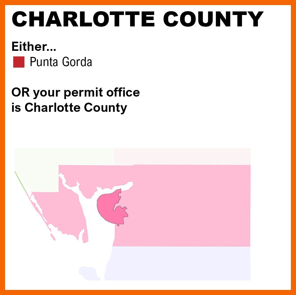 Color coded map of Charlotte County where permit office will be in Punta Gorda or Charlotte County.