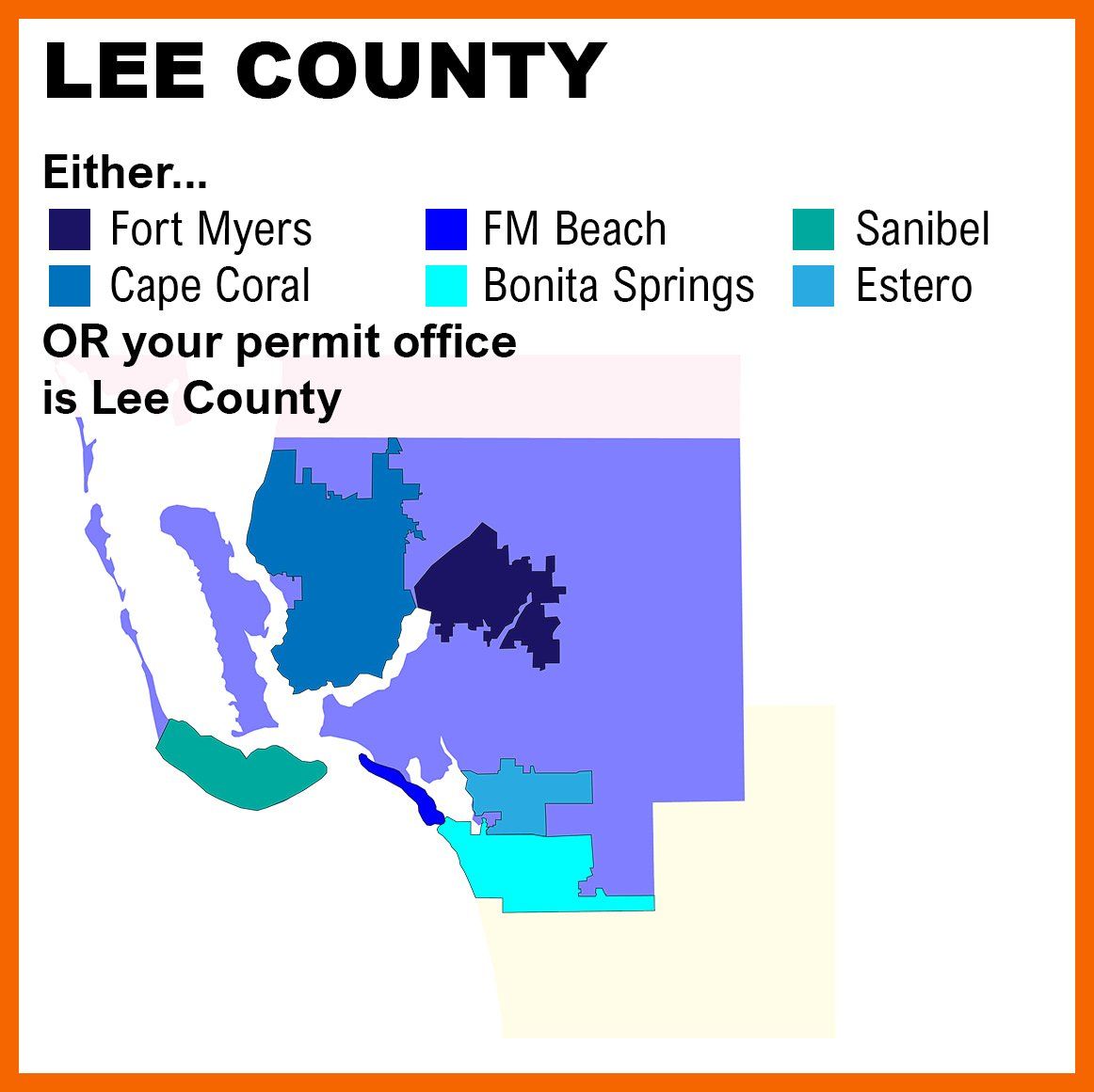 Color coded map of Lee County where permit office will be in Fort Myers, Fort Myers Beach, Cape Coral, Bonita Springs, Sanibel, Estero, or Lee County.