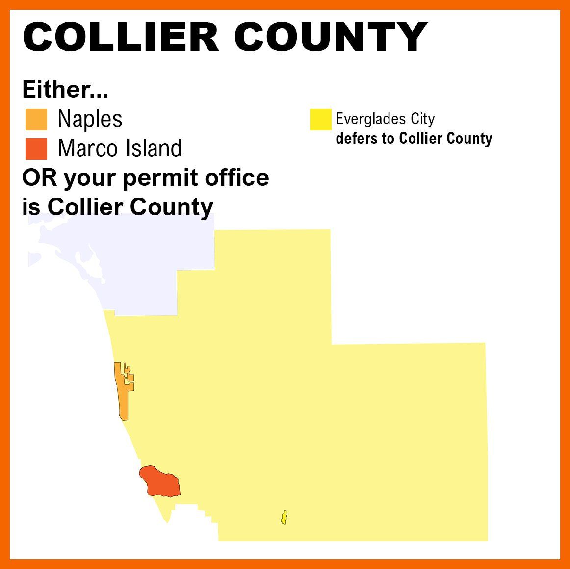 Color coded map of Collier County where permit office will be in Naples, Marco Island, Everglades City (defers to Collier County), or Collier County.