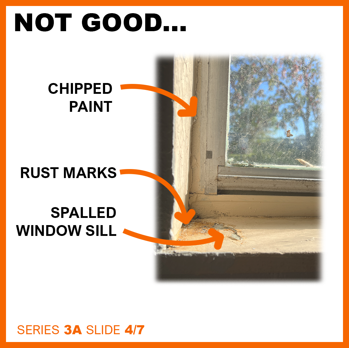 A picture of a window sill that shows a failed window installation.