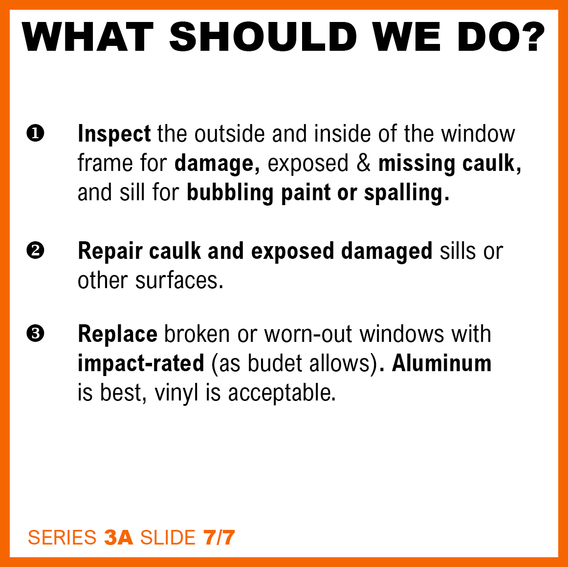 A graphic that explains what should we do when dealing with windows that may be damaged and need to be repaired or replaced.