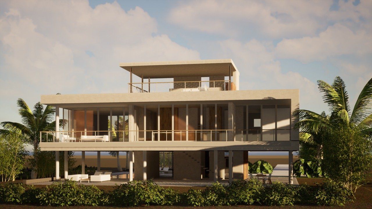 A rendering of a multi-story tropical modern home with lots of windows surrounded by palm trees and plants.