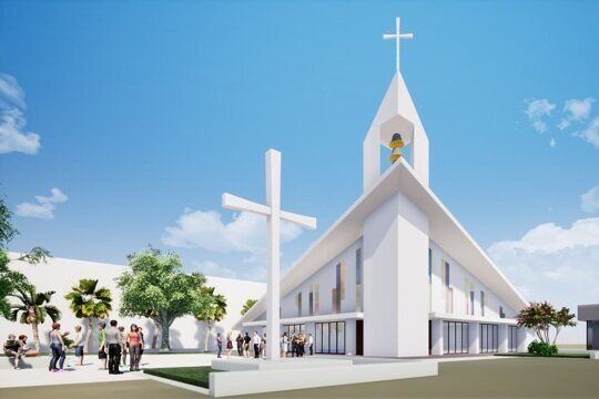 a rendering of a white church with a bell tower and large white cross.