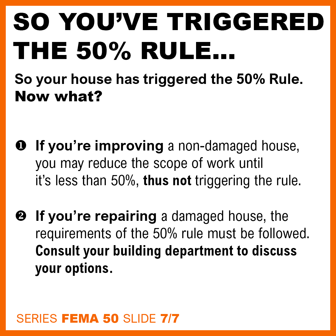Graphic the describes what to do once you've triggered the FEMA 50 % rule.