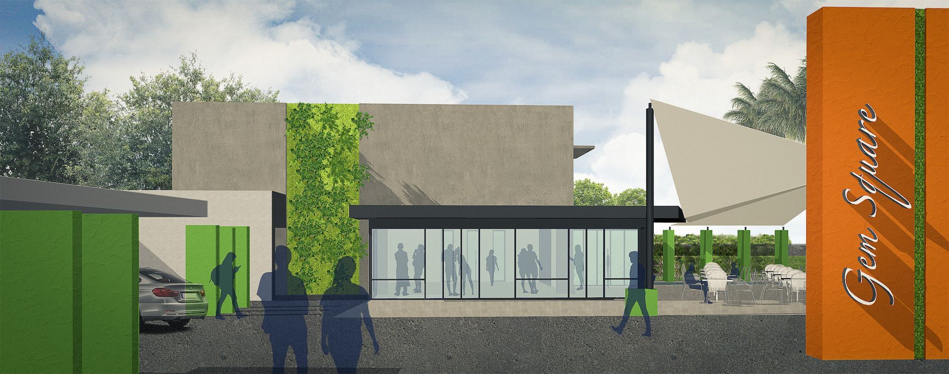 an architect's rendering of an indoor retail and tented outdoor cafe space known as Gem Square
