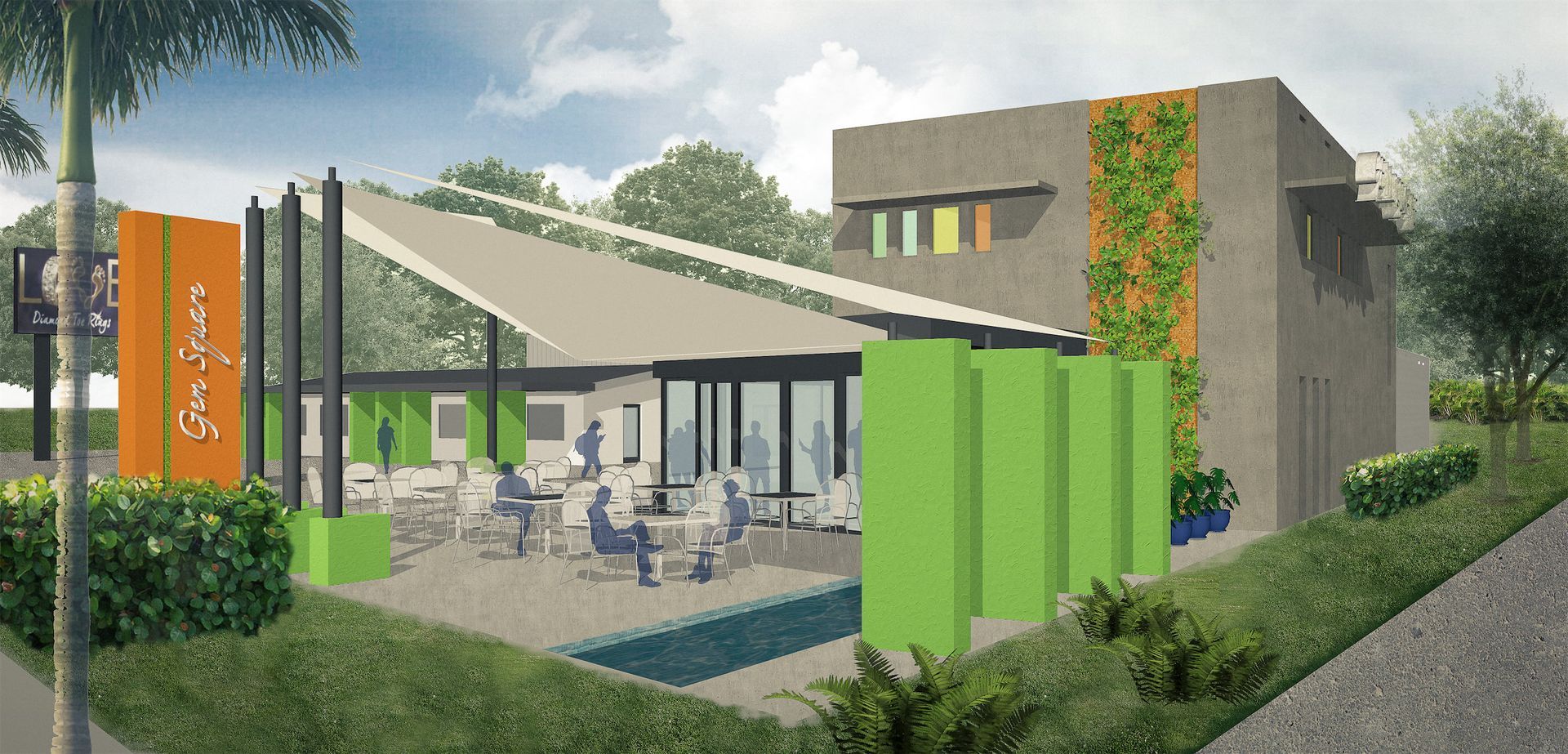 an architect's rendering of an indoor and outdoor retail and cafe space known as Gem Square