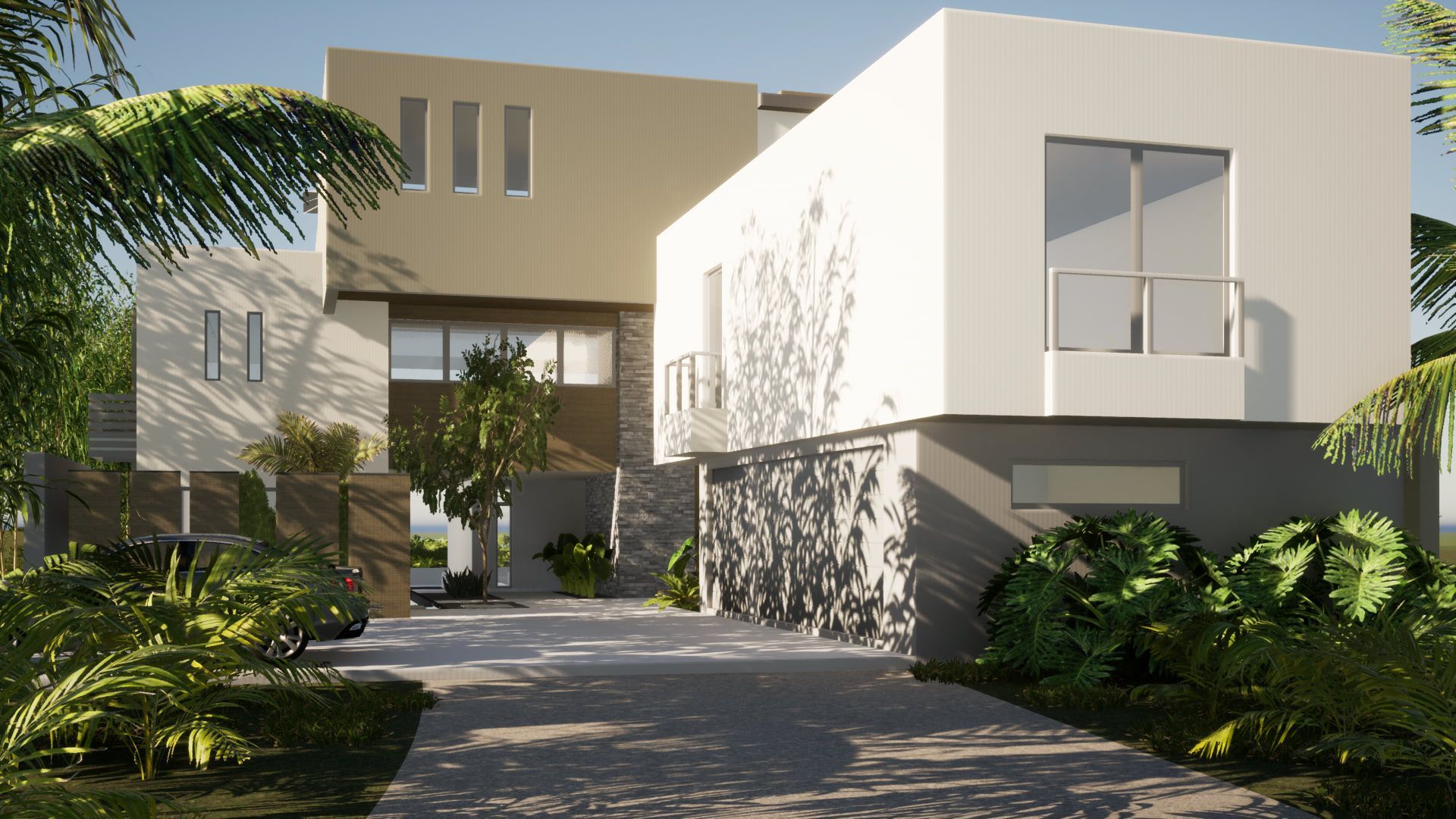an architectural rendering of the front of a modern, two-story home