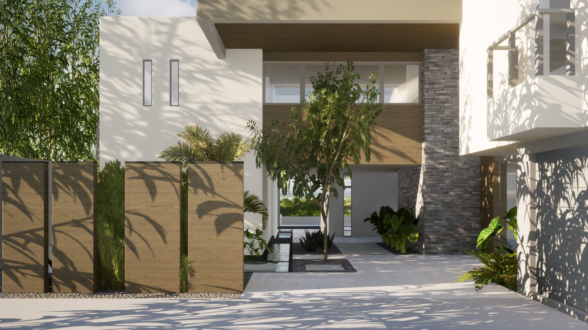 an architectural rendering of the wood and concrete details on the entryway of a modern, two-story home