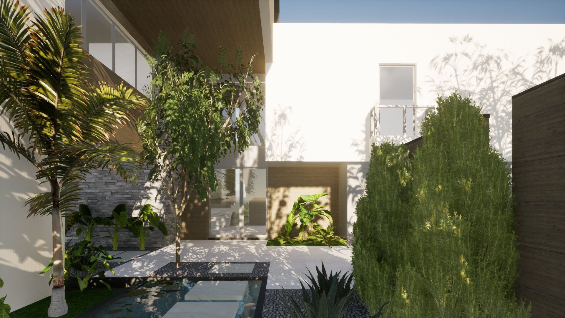 an architectural rending of a modern house with a swimming pool with trees and a pond