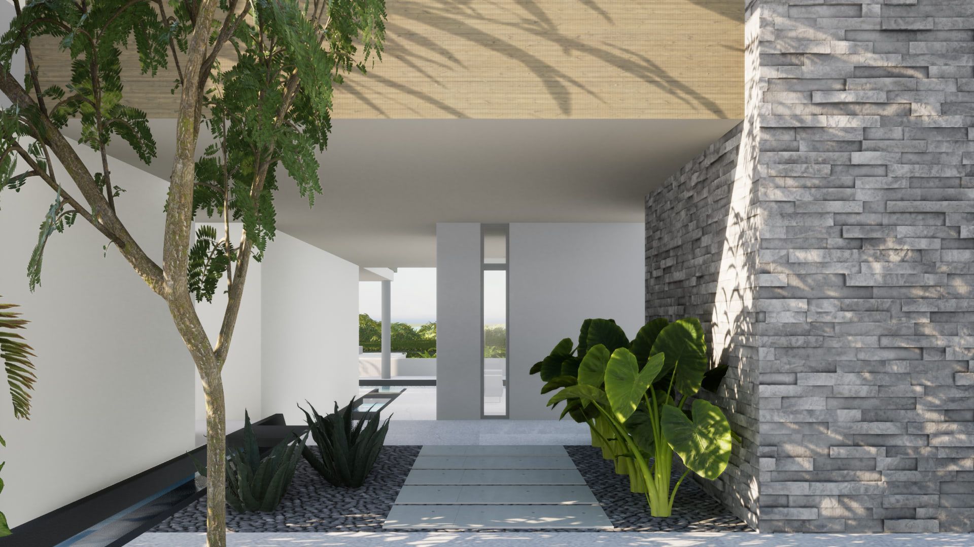 a rendering of a modern house with a stone wall