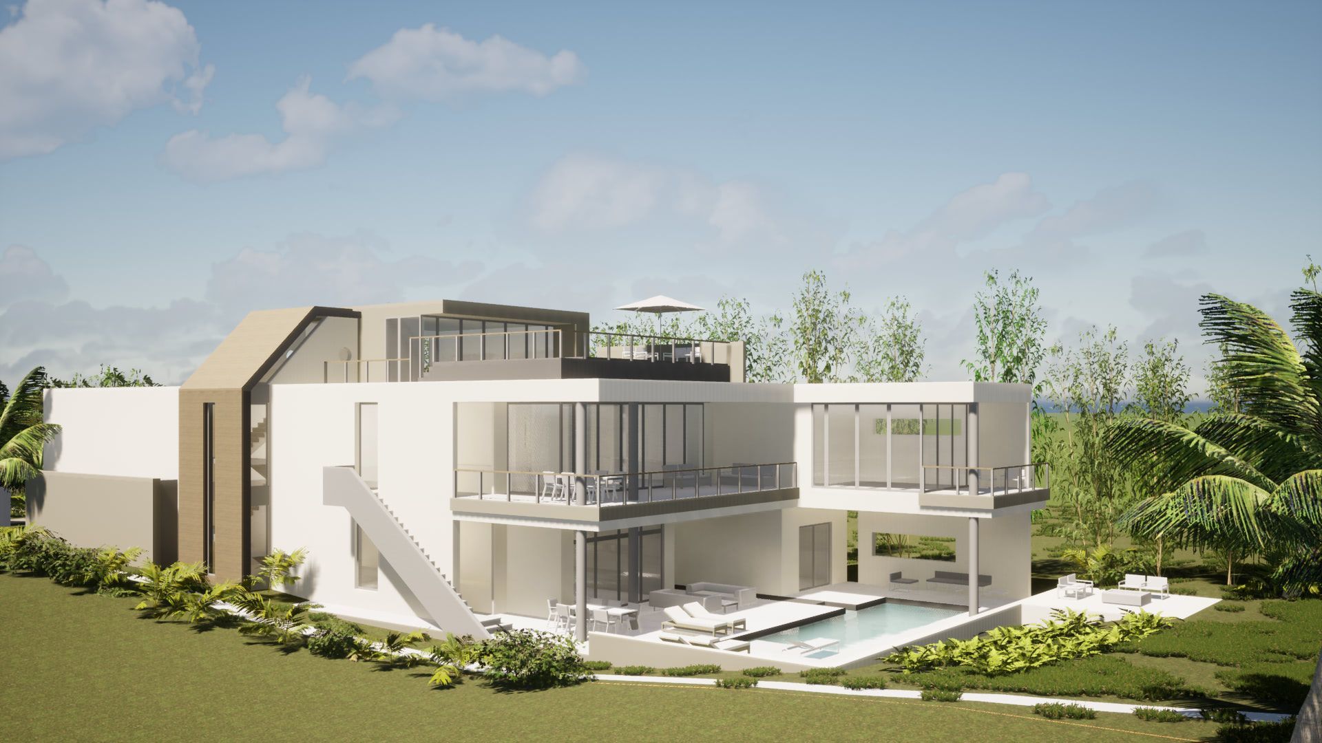 an architectural rendering of a modern, two-story home overlooking a patio and swimming pool