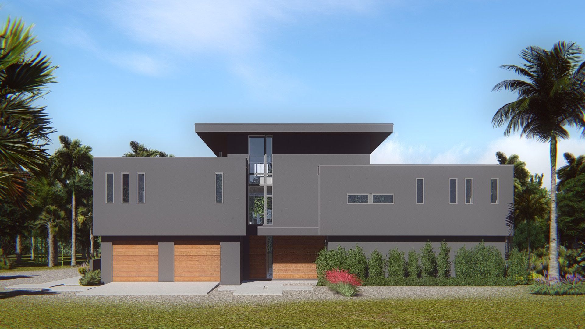 an architect's rendering of a modern, two-story home with flat roof-tops, dark siding, and wood railings
