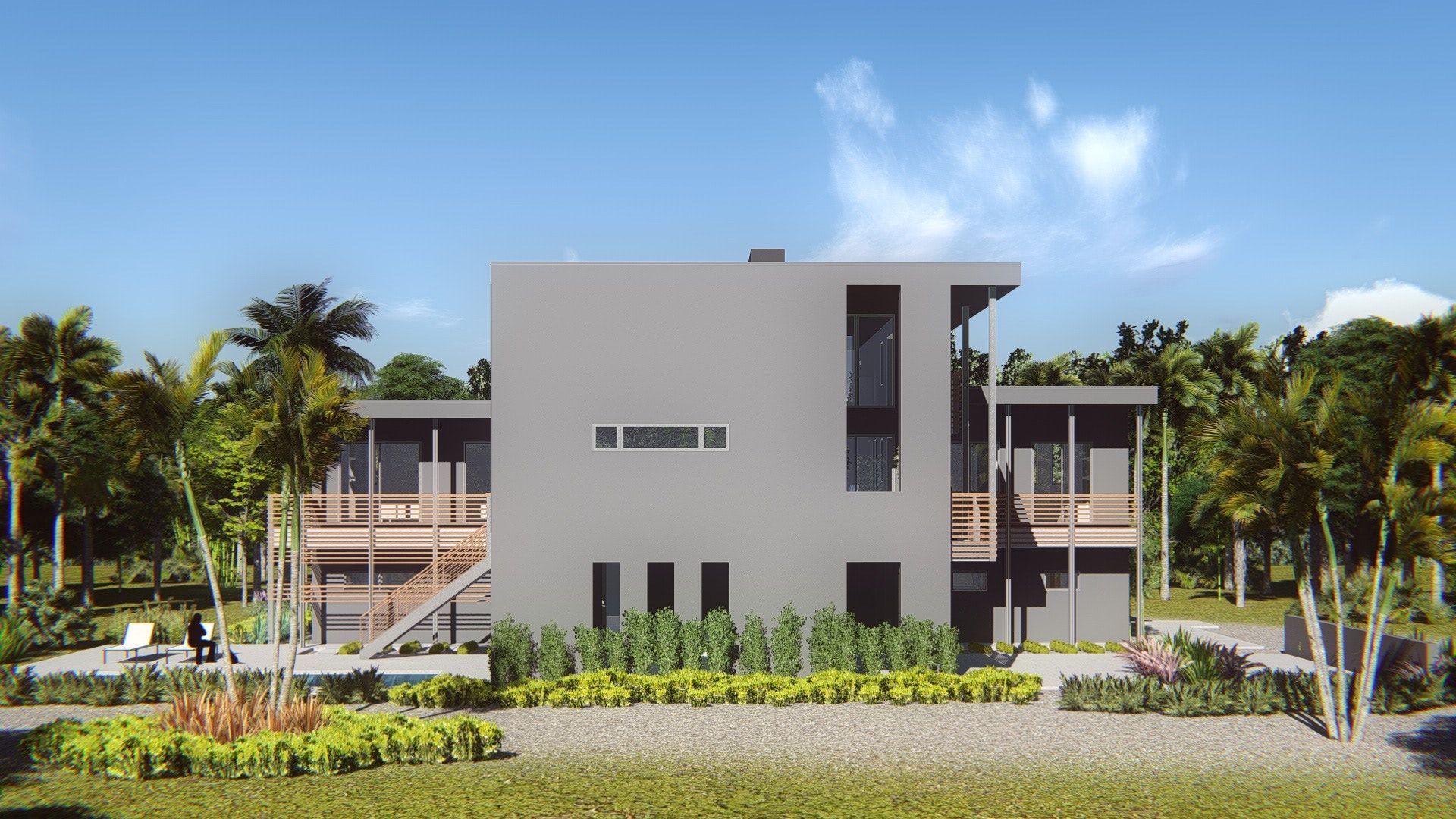 an architect's rendering of a modern, two-story home with dark siding and large, long windows