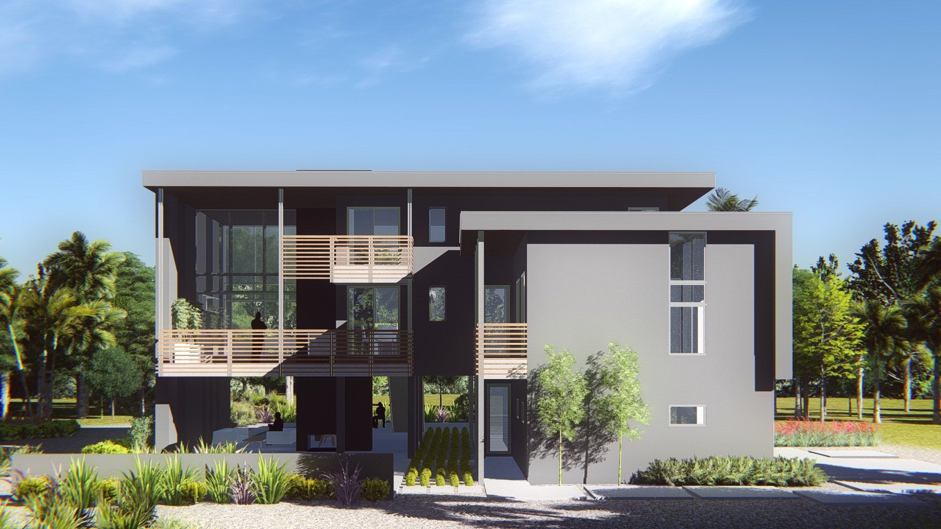 an architect's rendering of the front and entry to a modern, two-story home with floor-to-ceiling windows