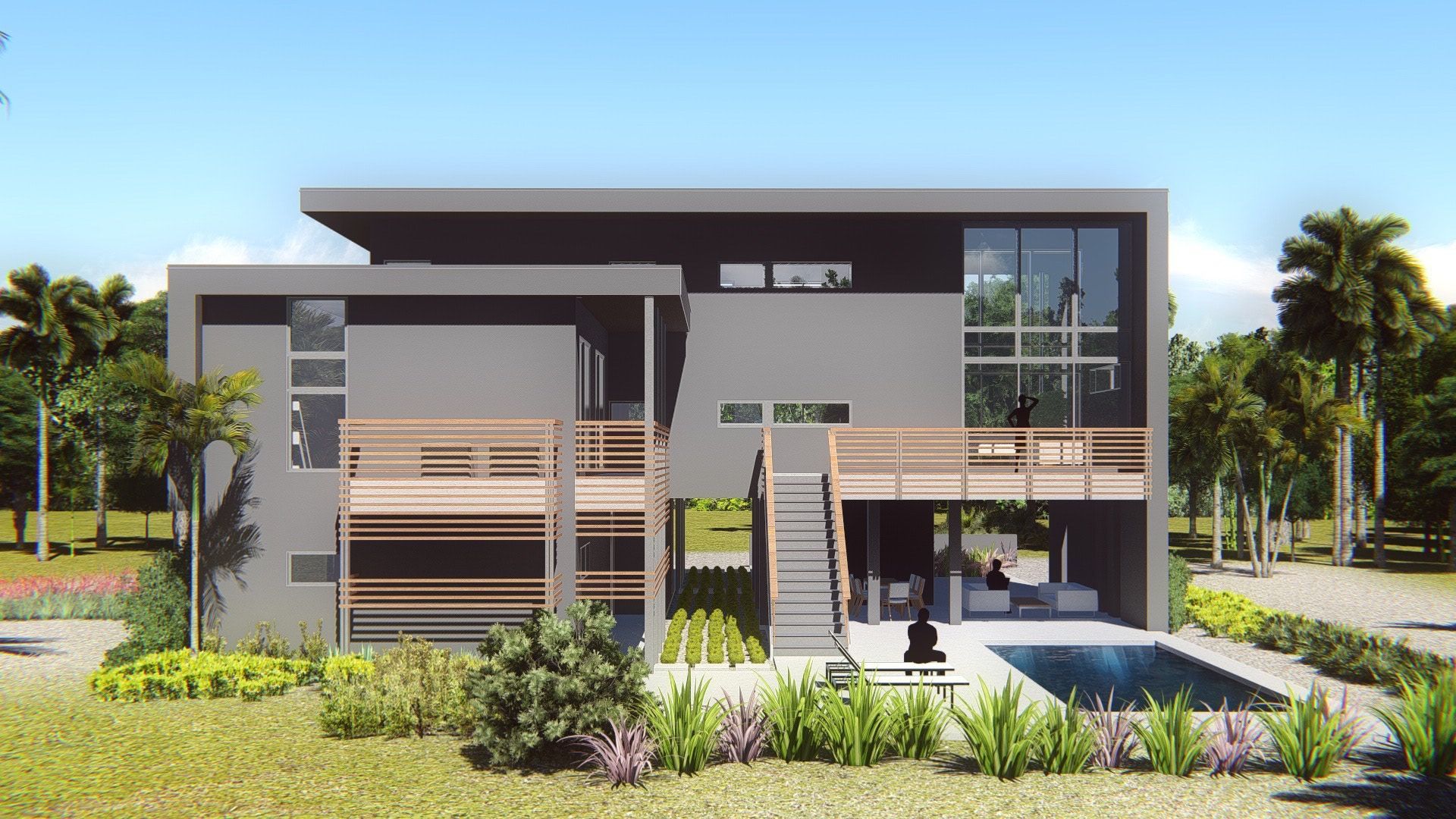 an architect's rendering of the front of a modern, two-story home in a tropical setting