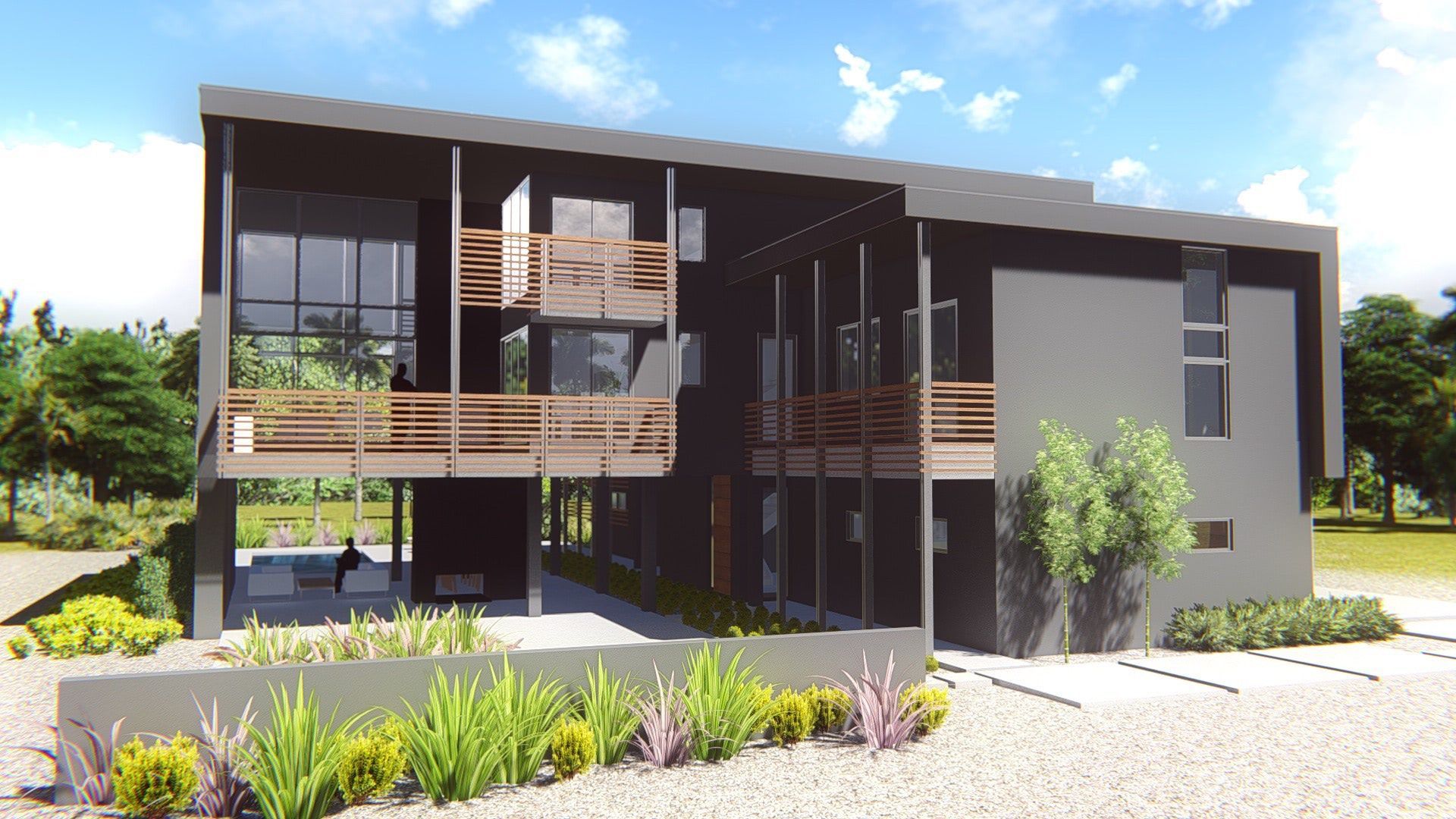 an architect's rendering of a modern, two-story home with dark siding, several private balconies. and large windows