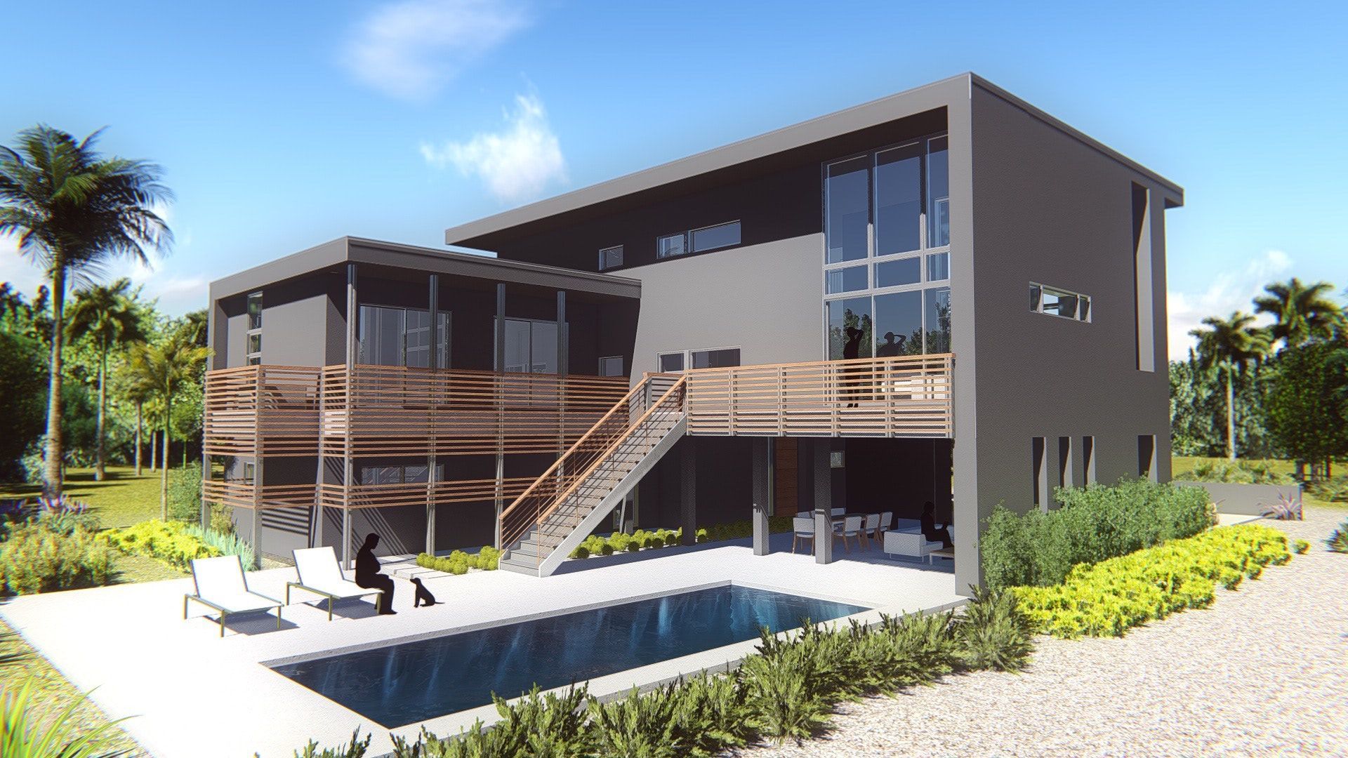 an architect's rendering of the back of a modern, two-story home with a balcony overlooking the pool and an exterior stairway leading to a swimming patio