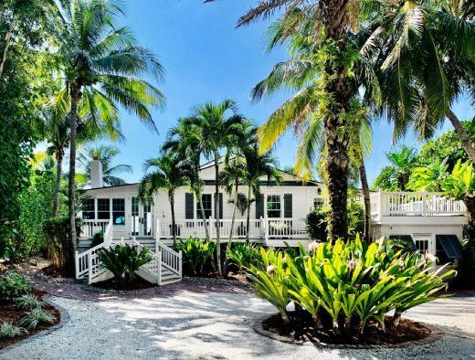 A large white house is surrounded by palm trees and bushes.