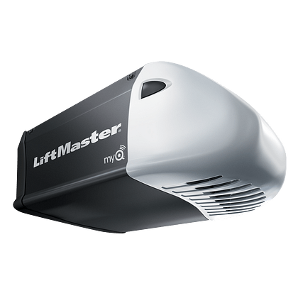 A black and white liftmaster garage door opener on a white background.