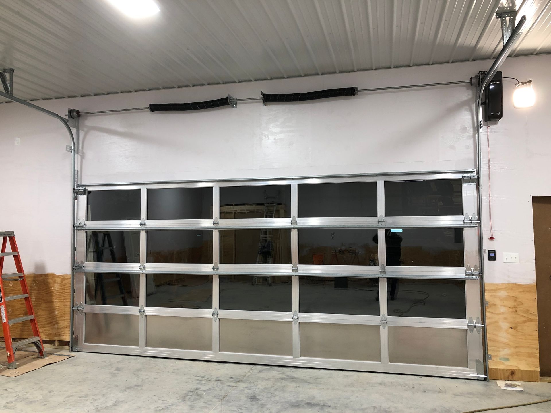 A garage door with a lot of windows and a ladder in the background.