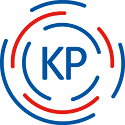Een blauwe en rode cirkel met daarin de letter kp