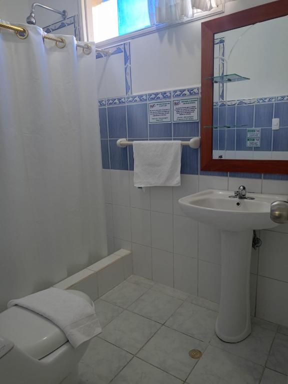 Un baño con inodoro, lavabo y espejo.