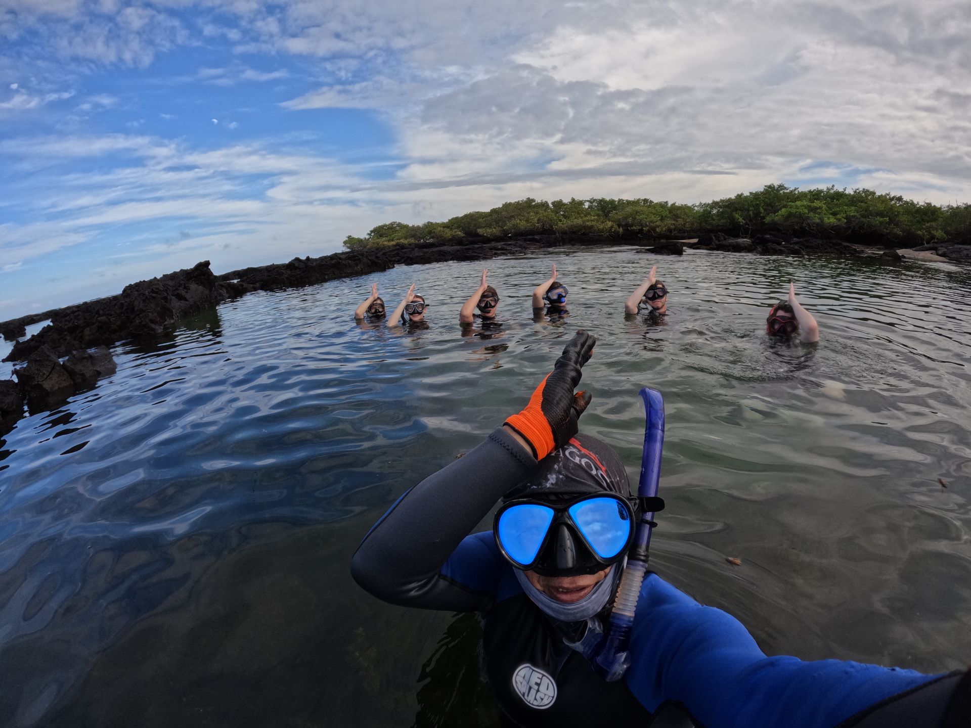 Un grupo de personas está nadando en el océano.