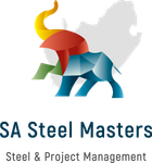 The logo for sa steel masters is a colorful elephant with a map in the background.