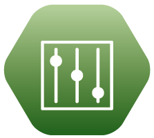 A green hexagon with a white icon of a control panel.