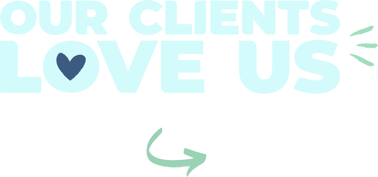 A logo that says `` our clients love us '' with a heart and an arrow.