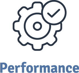 A gear with a check mark on it and the word performance.