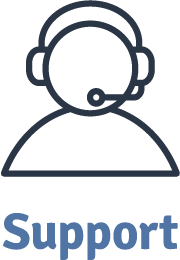 A line drawing of a person wearing a headset and the word support.