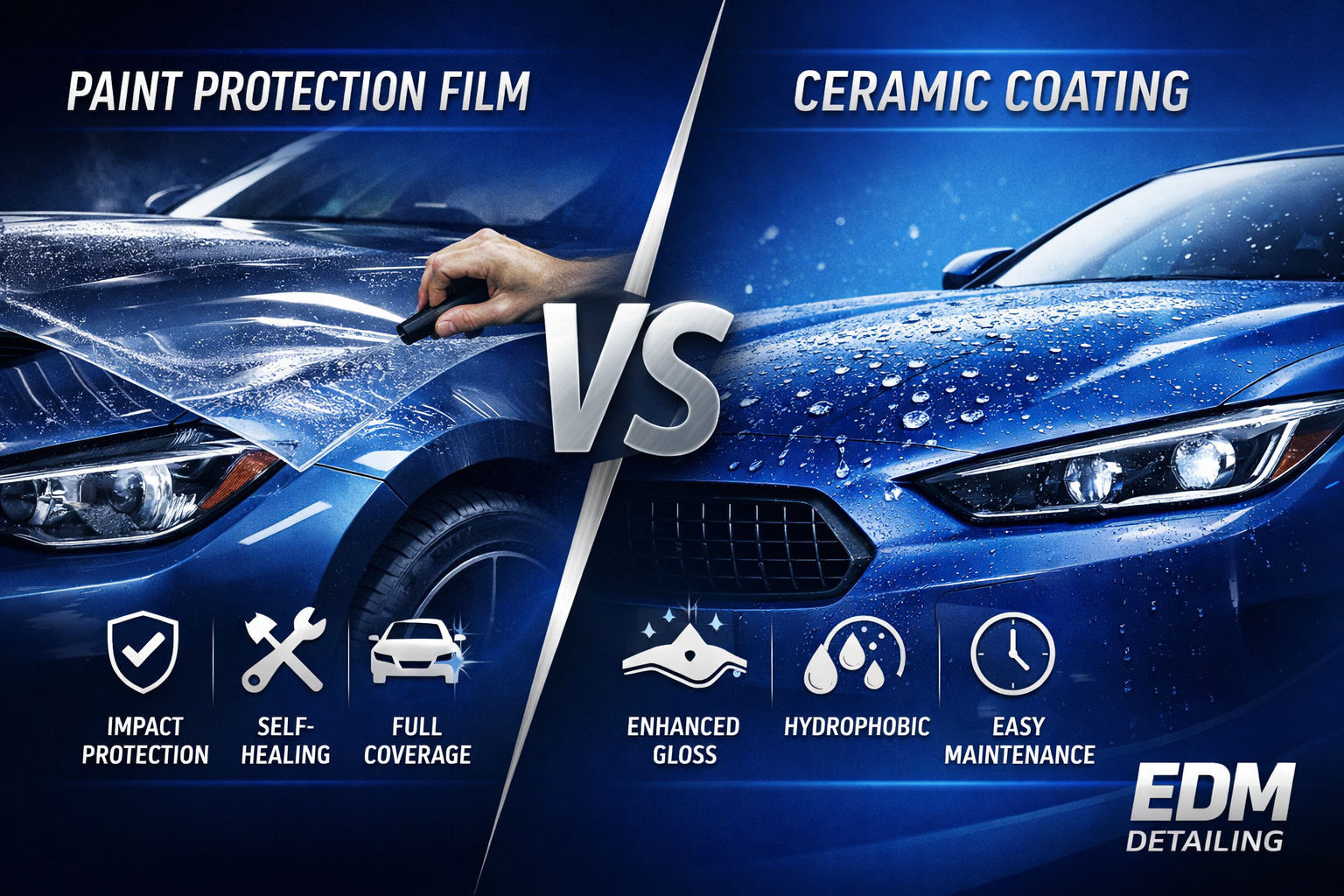 PPF vs ceramic coating comparison showing paint protection film installation versus hydrophobic coat