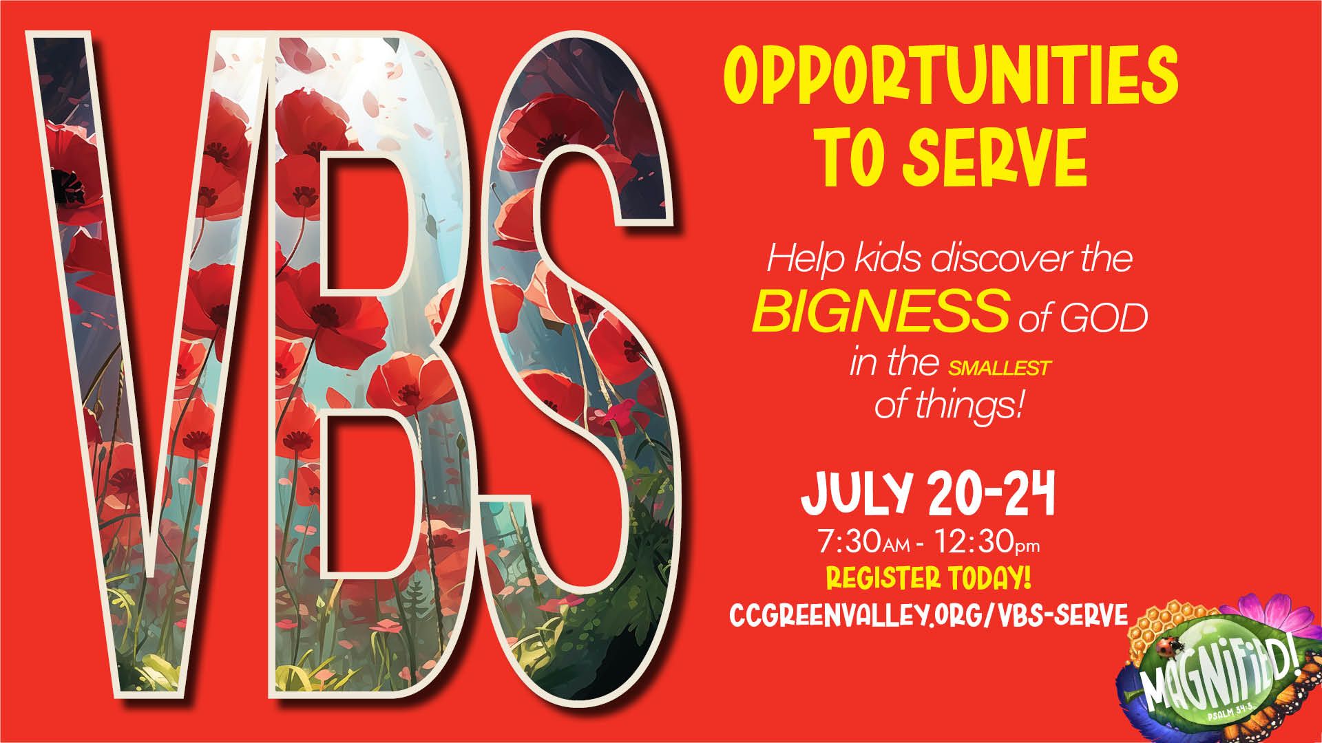 VBS church event flyer on red background with “Opportunities to Serve,” July 20–21 dates, and Bible verse text