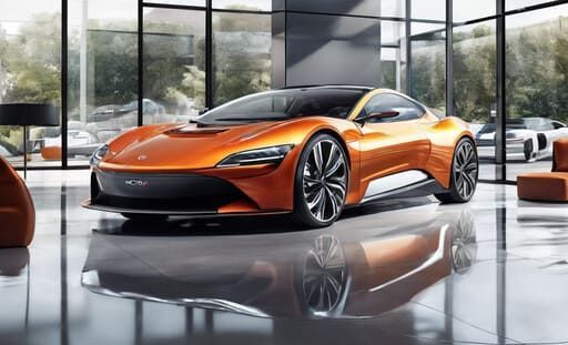 an orange sports car is parked in a showroom with a lot of windows .