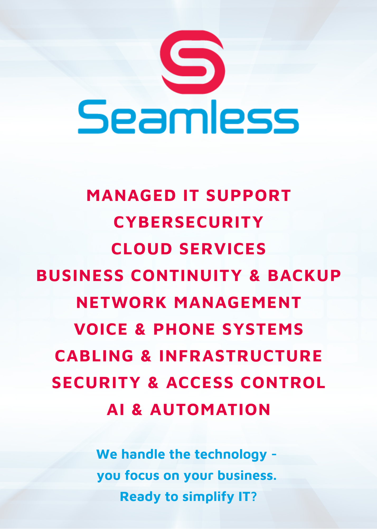Seamless IT services ad: logo above a list of services, blue and red text on white background.
