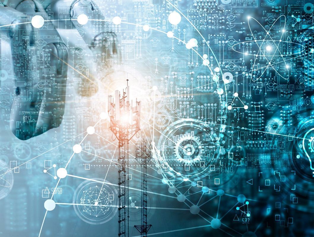 Robot arm reaching towards a network of connected data and a telecommunications tower, rendered in shades of blue.