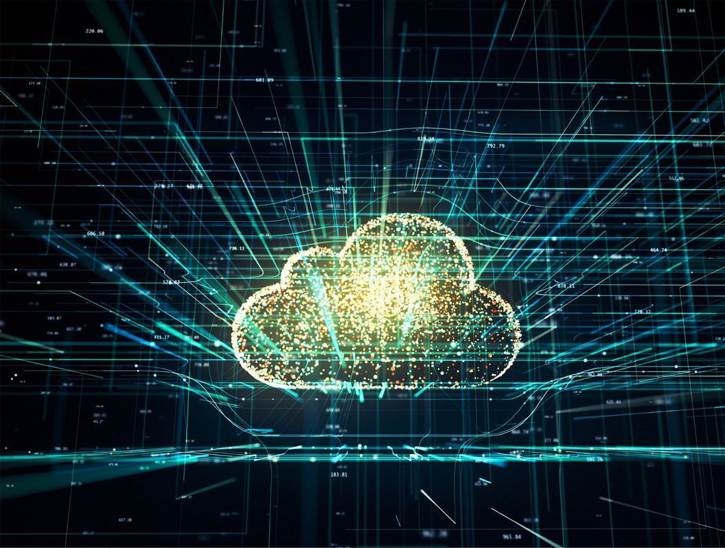 Digital cloud icon with data streams against a dark background, suggesting cloud computing.
