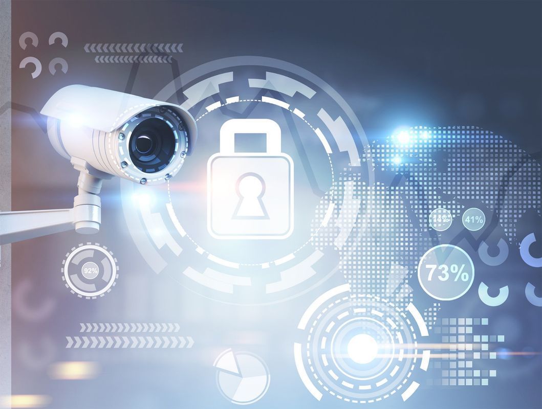 Security camera with digital overlay of a lock, world map, and data visualization.