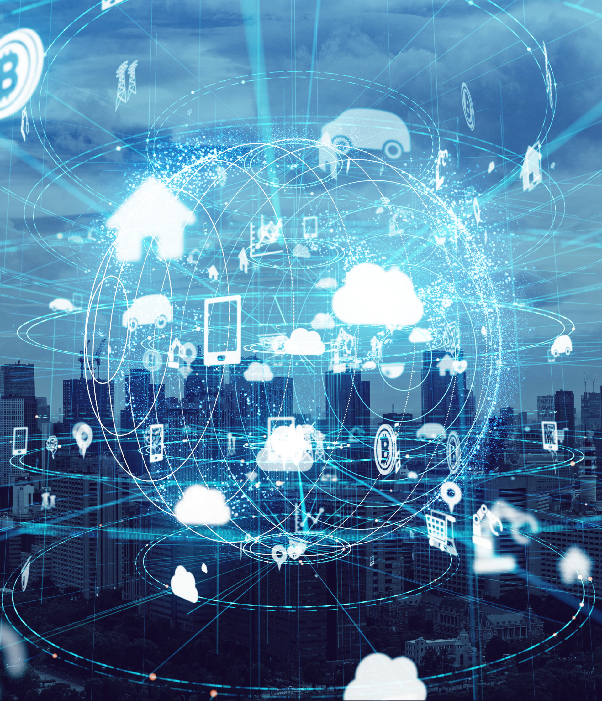 Digital sphere with icons over a city: cloud, house, car, phone, and more, all connected by lines.