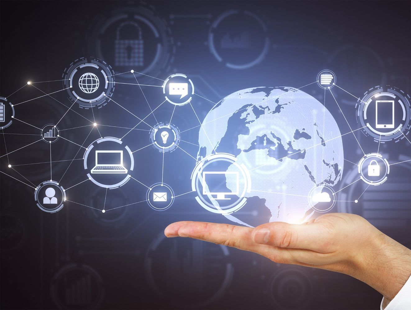 Hand holding a digital globe with connected icons, suggesting global technology and communication.