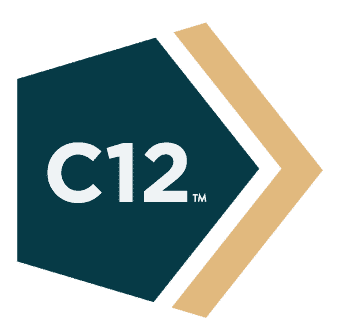 C12 logo: Teal pentagon with “C12™” in white and tan arrow outline.