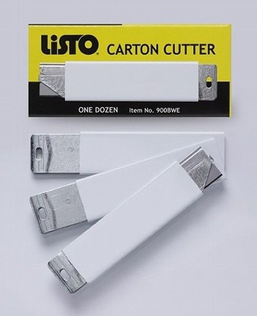 A listo carton cutter with three blades on a white surface