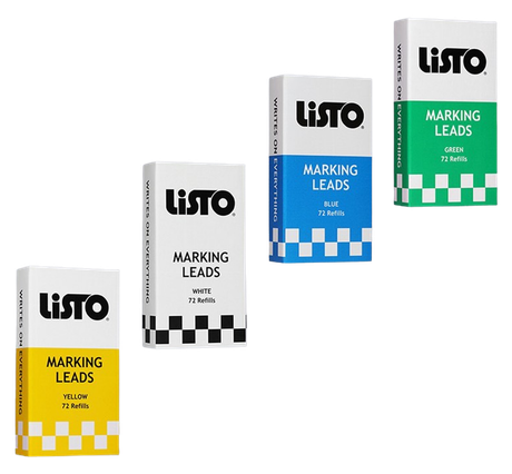 Three boxes of listo marking leads are sitting next to each other