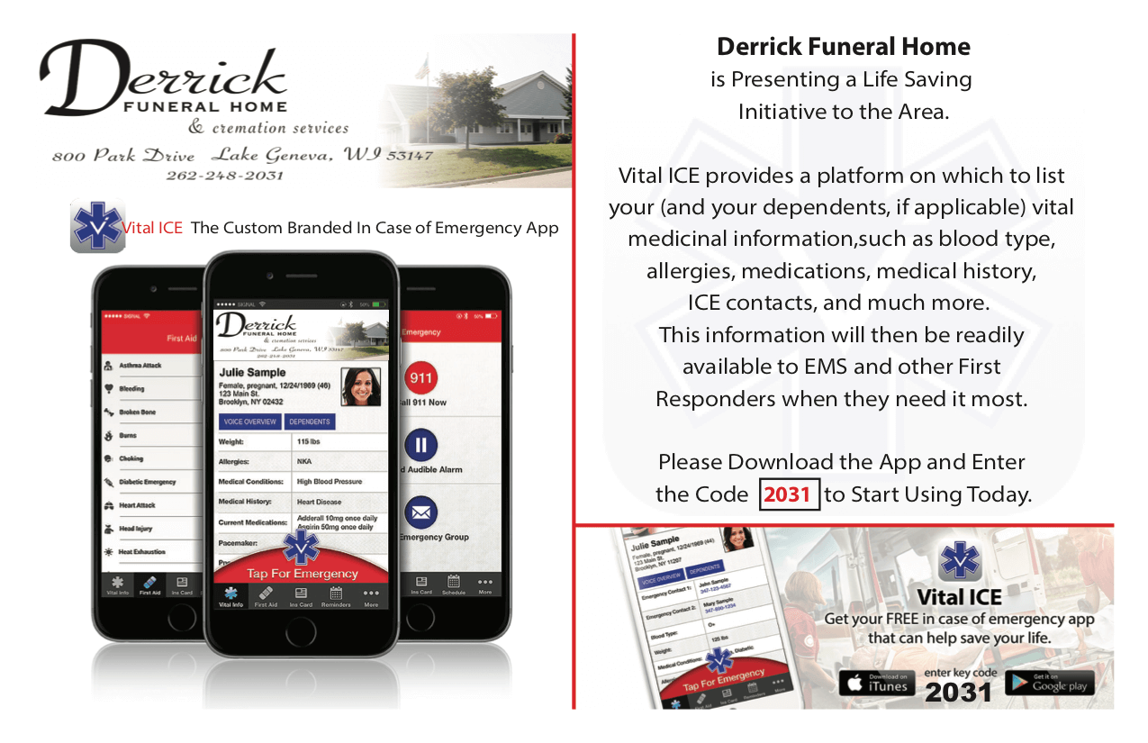 A poster for a funeral home with three cell phones on it.