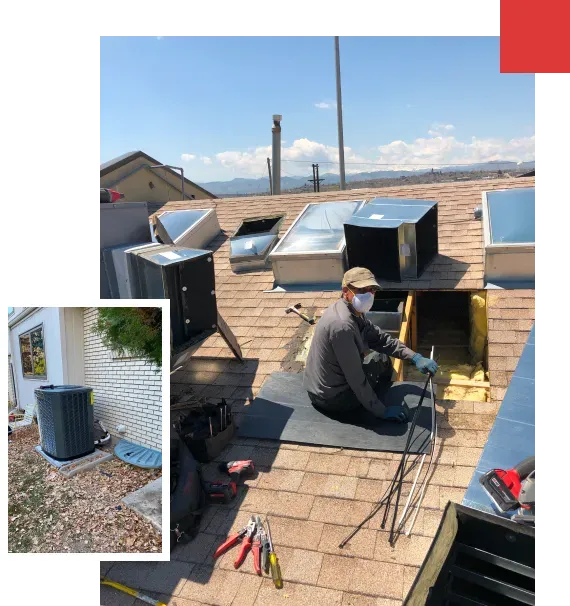 A man wearing a mask is working on a roof